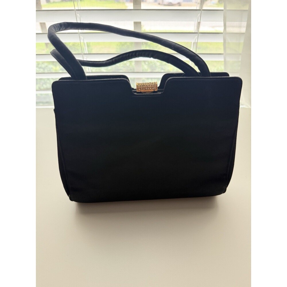 Vintage Bag by Dorian Black Satin Handbag Rhinestone Clasp Structured Purse